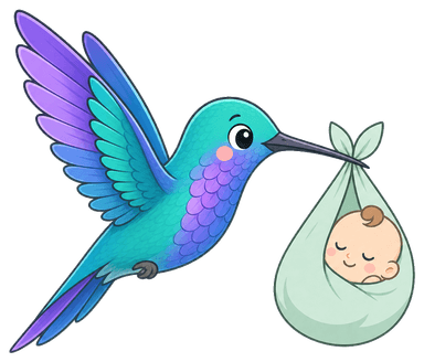 Hummingbird mascot delivering a swaddled baby over the dashboard