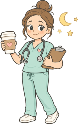 Night-shift nurse mascot with coffee and clipboard